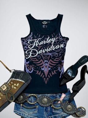 VINTAGE Harley Davidson Rhinestone Tank Top Ribbed Gothic Tribal Y2K